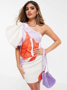 ASOS Sold Out One-Shoulder Floral Print Mini Dress in White and Orange